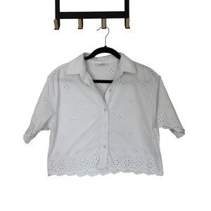 Free assembly cropped white eyelet button down top
